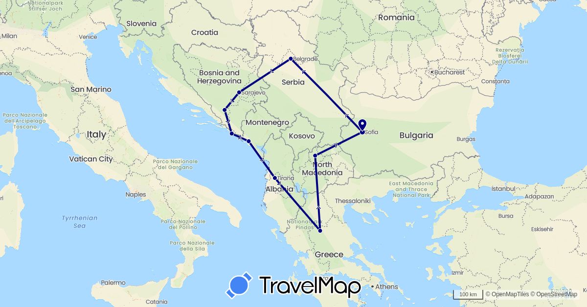 TravelMap itinerary: driving in Albania, Bosnia and Herzegovina, Bulgaria, Greece, Croatia, Montenegro, Macedonia, Serbia (Europe)